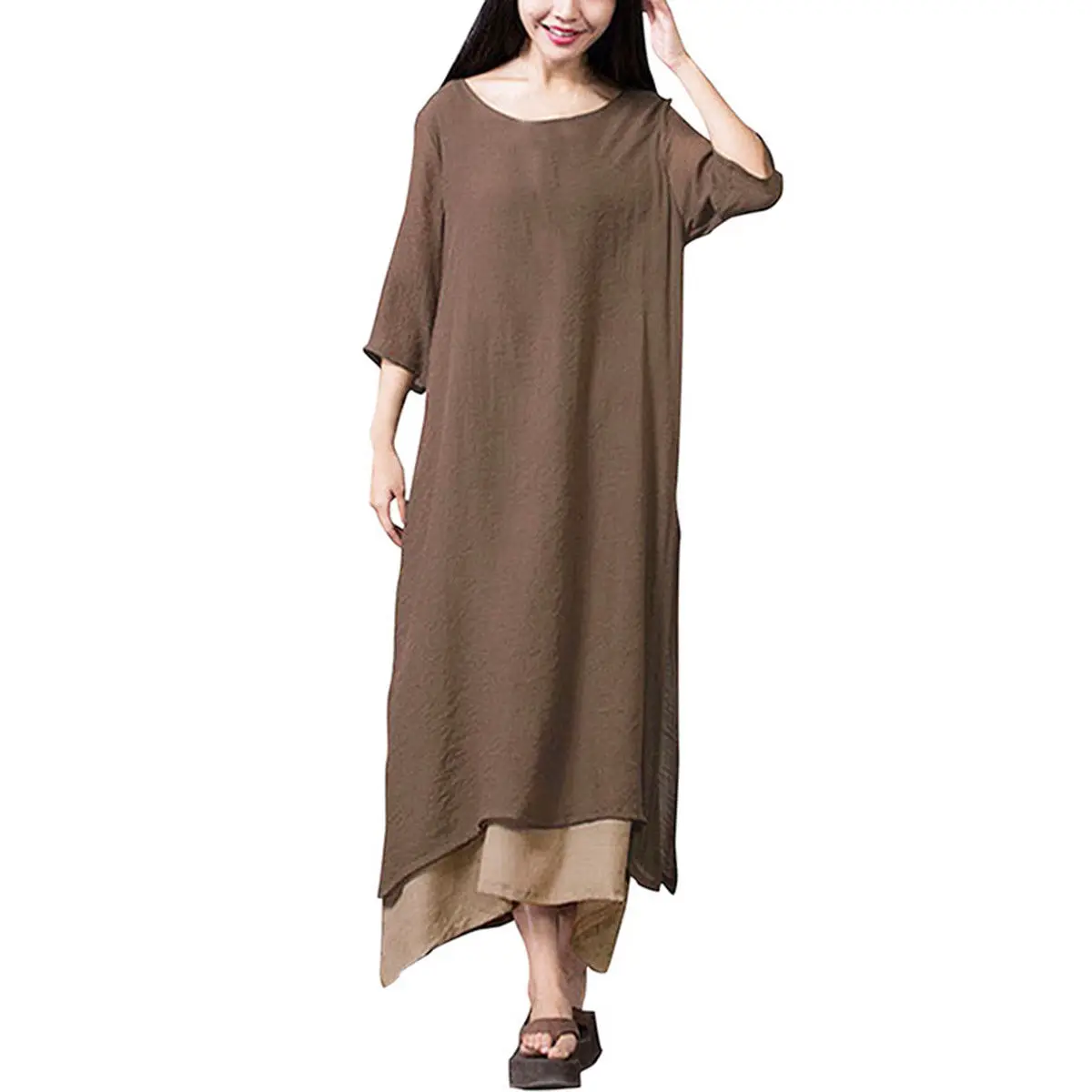 

DCOS Cotton Linen Vintage Dress Women Casual Loose O Neck Maxi Long Dress Army