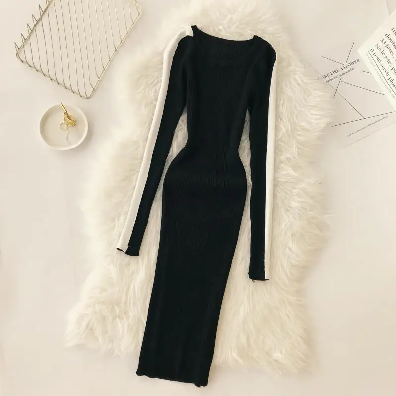 Женское трикотажное платье ALPHALMODA белое Полосатое с длинным рукавом Повседневное