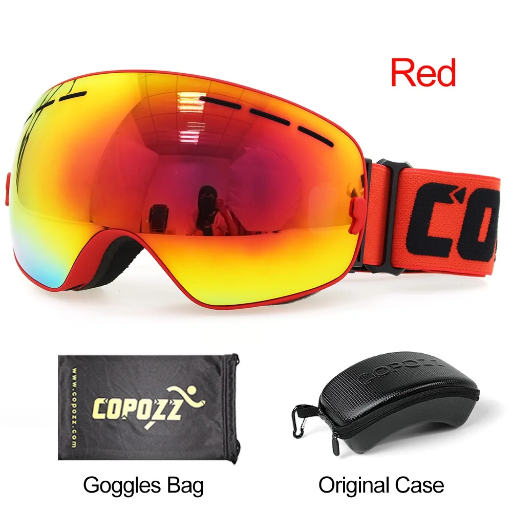 COPOZZ лыжные очки с коробкой чехол Лыжная маска UV400 Анти-туман снежные очки большие сферические лыжные Сноубординг для женщин мужчин - Цвет: Frame red