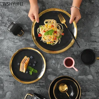 

2Pcs Direct European black gold ceramic matte gold Western steak dish creative home kitchen storage decorative black salad plate