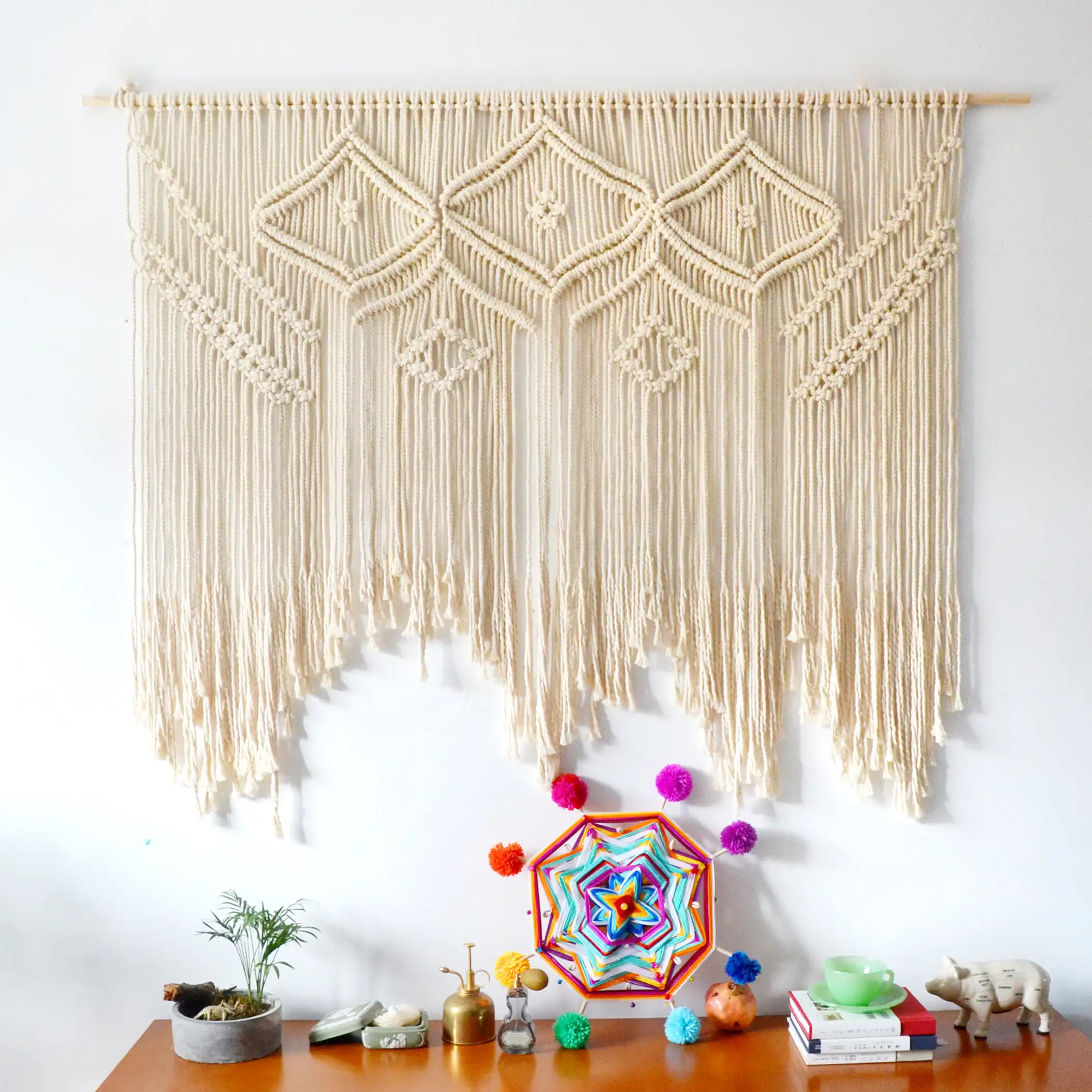 bege macrame pendurado na parede pano