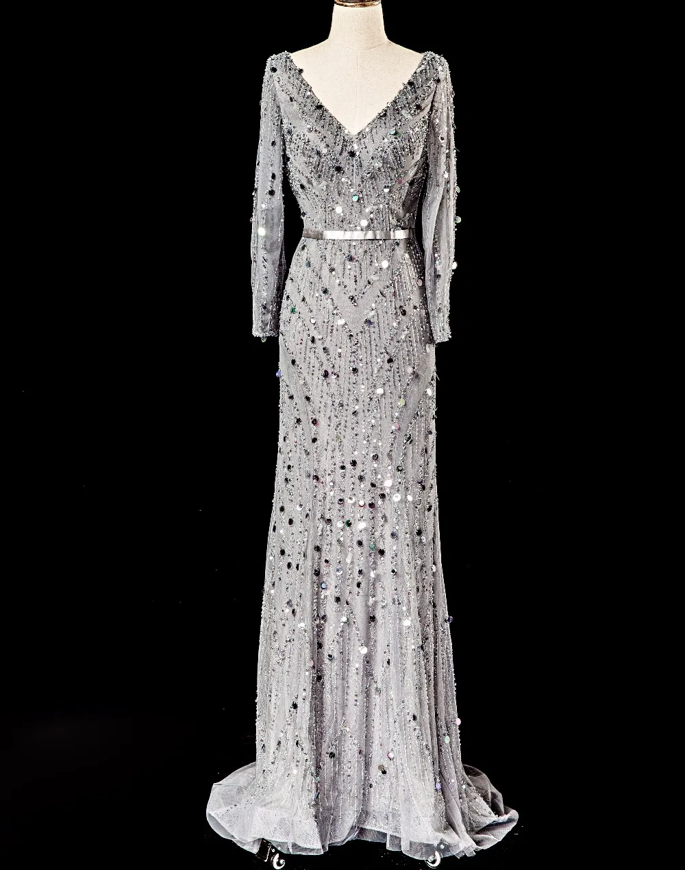 CloverBridal High quality gold long sleeves sexy deep low V back evening dresses long 2017 silver high-end dress luxury stones