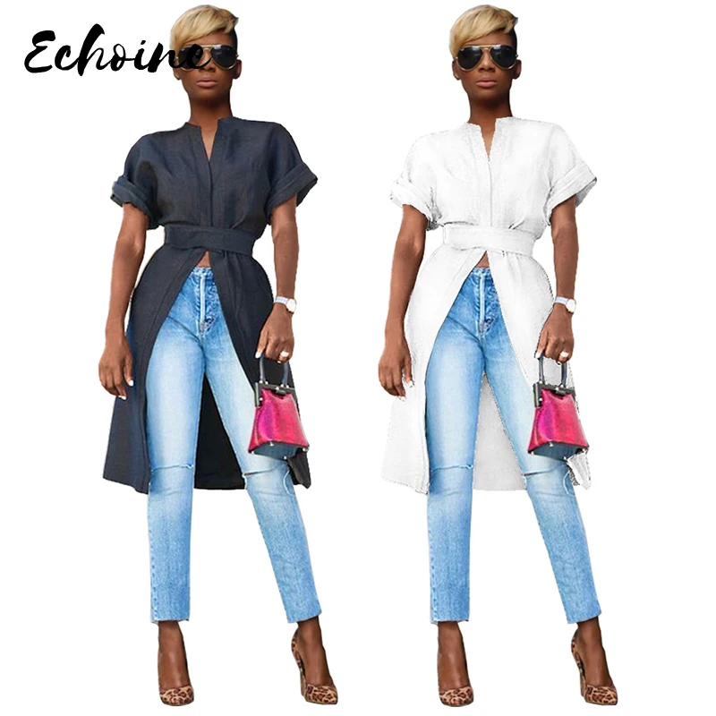 

Echoine 2019 New Fashion Asymmetrical Ruffles High Waist Long Tops Black White Stand Neck Short Sleeve Office Blouse Sashes