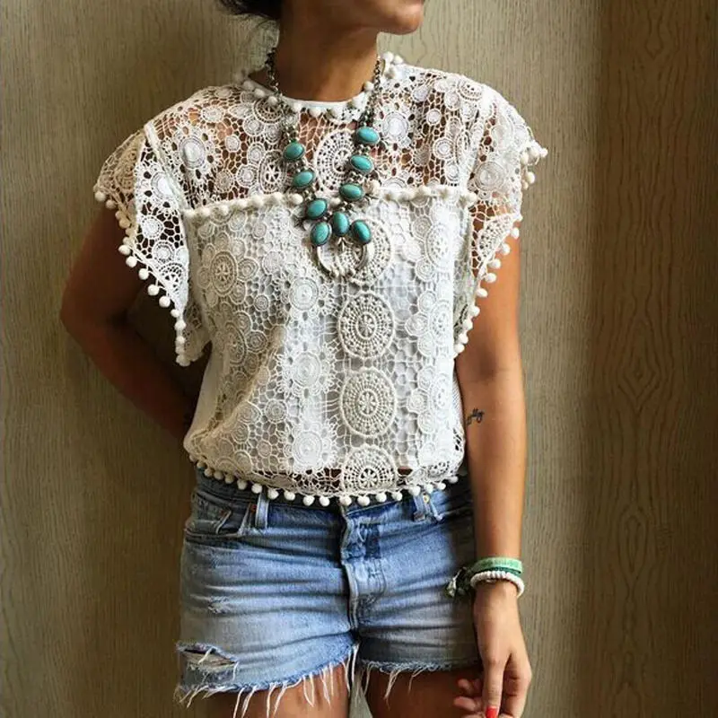 

White Blouse Lace Chiffon Sleeveless Summer Women Tops 2016 New Fashion Korean Hollow Out Ladies Shirt Office Female Clothing