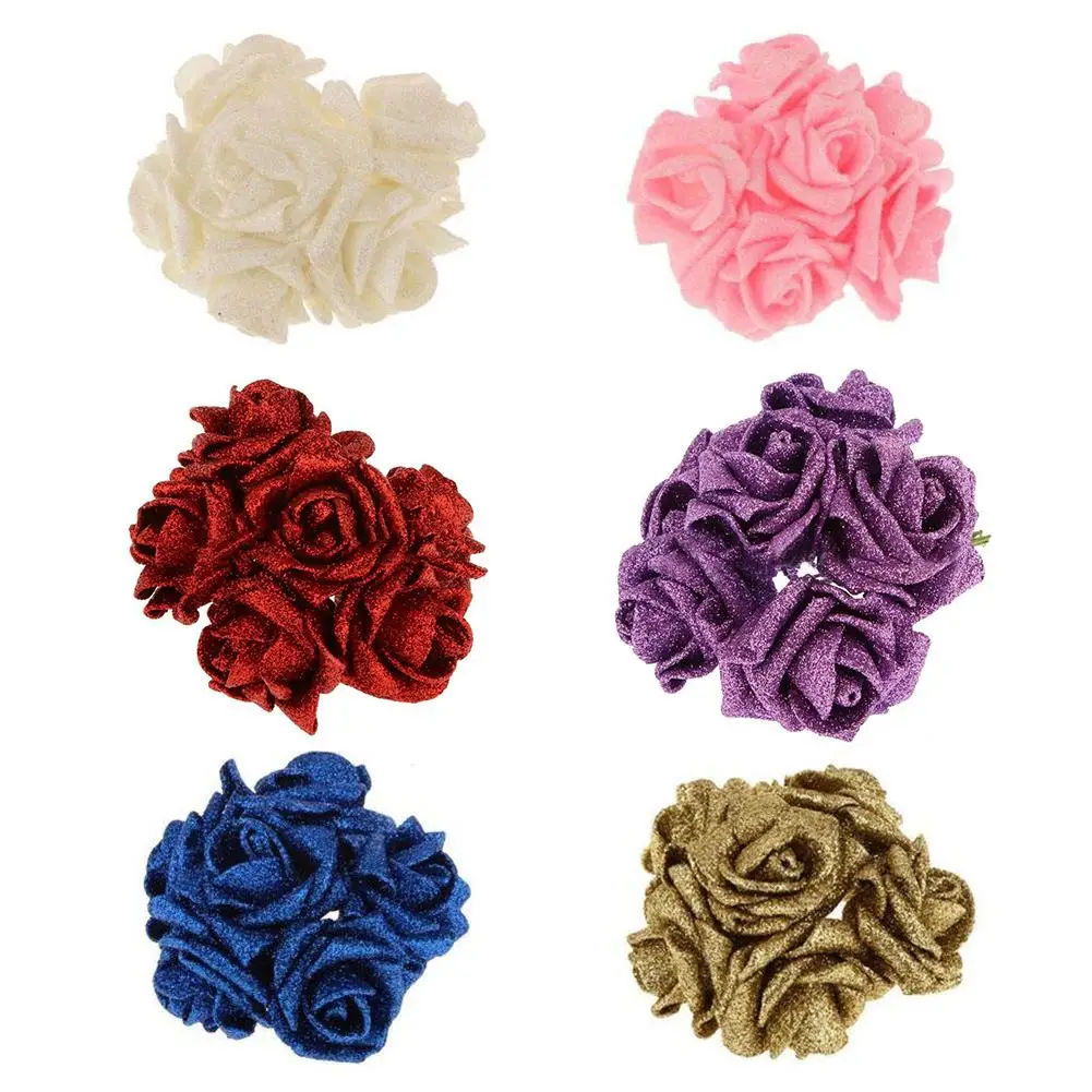 

12Pcs Artificial Foam Roses Flower Heads Glitter Powder Bouquet Scrapbooking Fake Rose Flower Wedding Decor Artificial Flowers