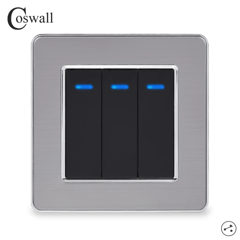 Interruptor de Luz de Ligar Interruptor de Parede com Led Através do Interruptor Painel de Aço Coswall Gang – Desligar Indicador Passar Comutado Inoxidável 3 2 Way