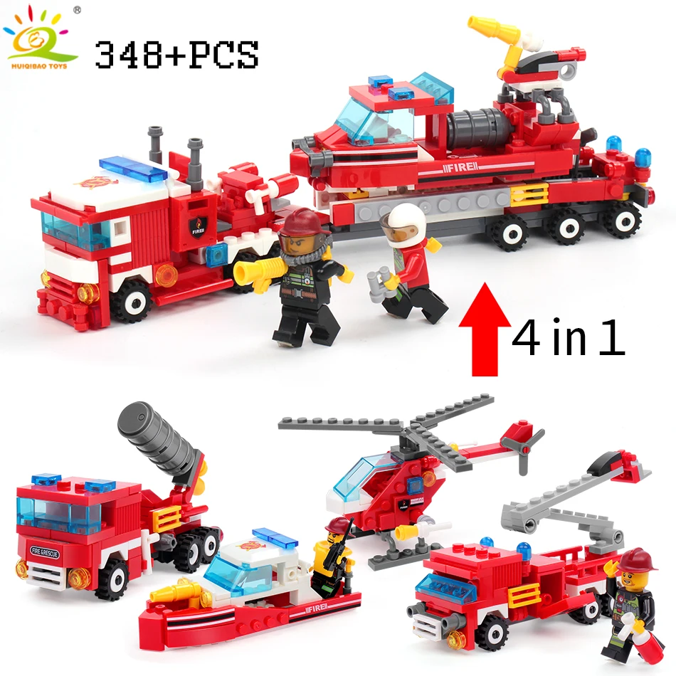 

348pcs Fire Fighting 4in1 Trucks Car Helicopter Boat Building Blocks Compatible legoingly city Firefighter figures children Toys