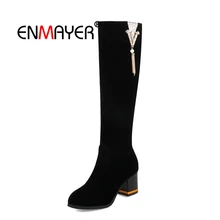 ENMAYER Woman Knee High boots Winter Causal Pointed toe Rhinestone Thigh High boots Black Big Size 32-45 High heel Zipper CR1631