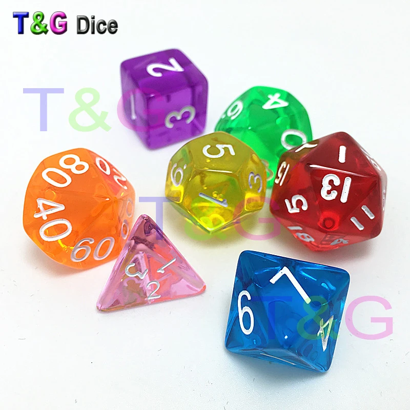 

Rpg Transparent Colorful Crystal Poly Clear Dice Set of 7pcs/lot D4 D6 D8 D10 D12 D20 DnD Role Playing Board Game