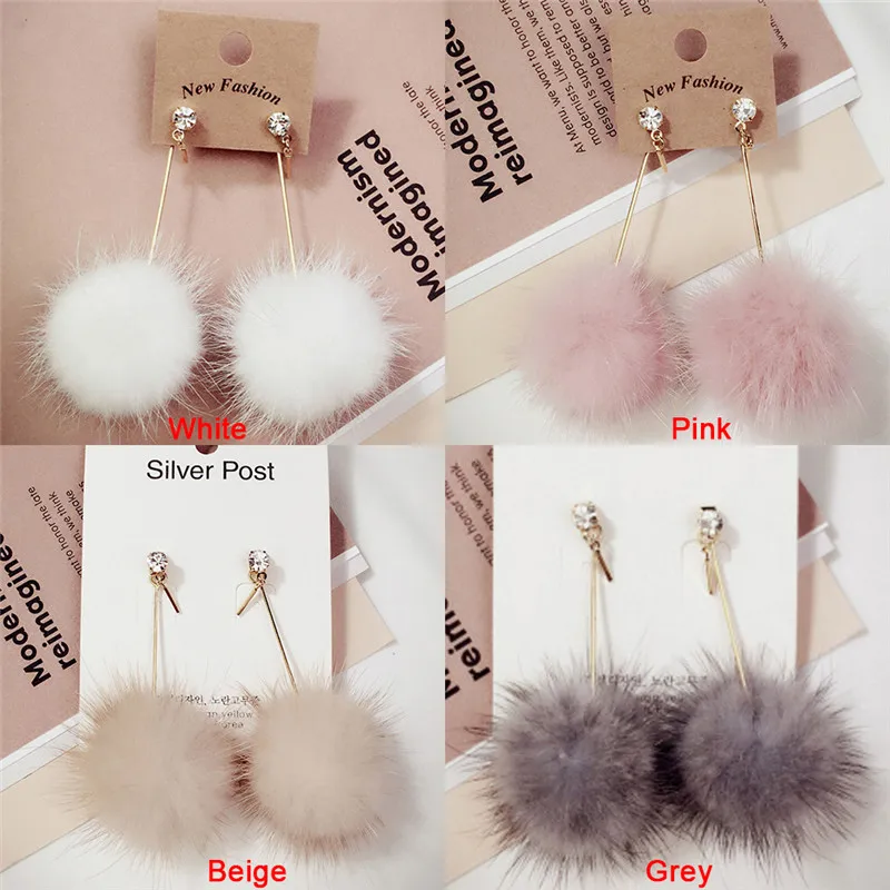 Soft Pom Pom Ear Dangle Crystal Earring Rabbit Fur Ball PomPom Long Drop Earrings For Women Unique Jewelry Cute Christmas Gift