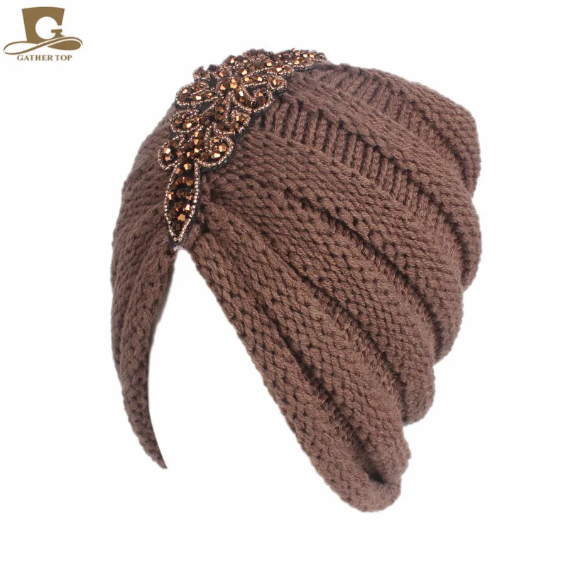 

NEW women slouchy beanie beaded flower knit turban skull ruffle cap