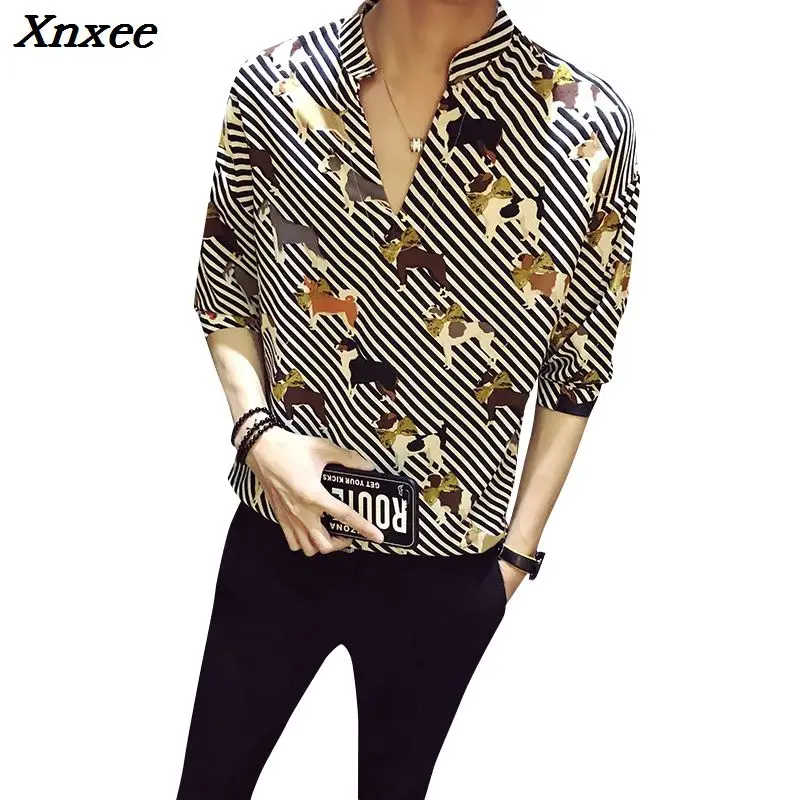 

Camisa Floral Masculina Dog Printed Shirts Mens Stand Collor Blusa Masculina Floral 2018 Summer Fashion Pullover Mens Clothing