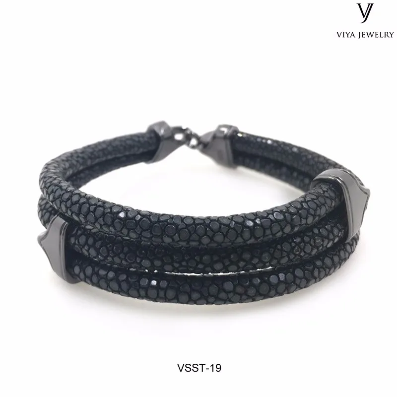 VSST-19 THREE ROUND STINGRAY LEATHER BRACELET FOR MEN ,SILVER BRACELET WITH STINGRAY LEATHER (2)