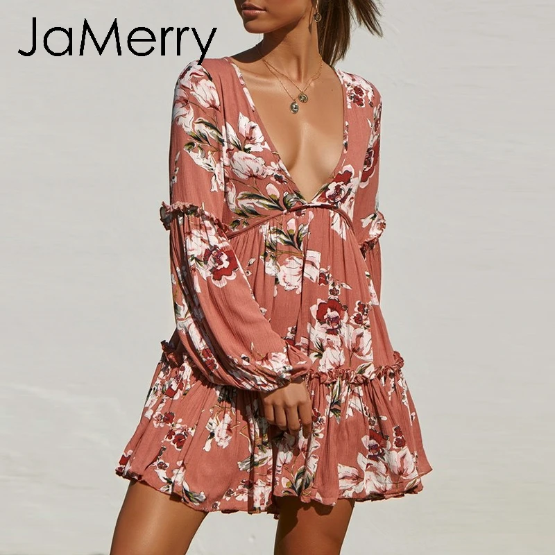JaMerry Винтаж boho сексуальное летнее Мини Короткое платье для женщин рукав в виде