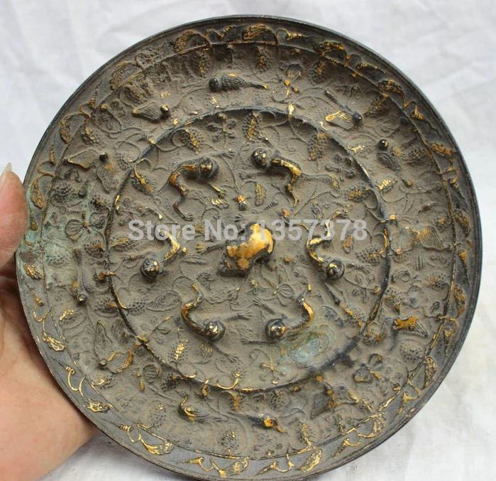 

shitou 00780 8" Chinese Folk Culture Dynasty Old Bronze Gilt Animals Statue Unicorn Mirror discount 30% (C0324)