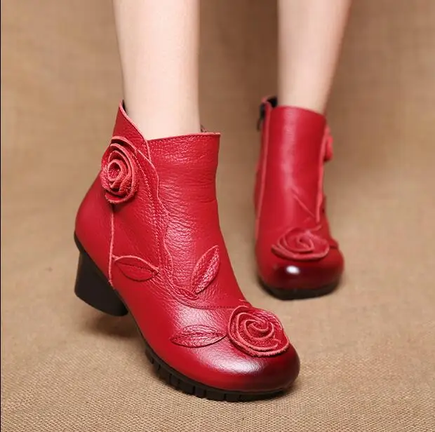 

RUSHIMAN Autumn Winter Shoes Woman Cow Leather Flower Shoes Comfort Med Heel Ankle Boots Genuine Leather Classic Martin Sh