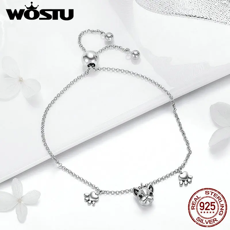 

WOSTU 100% Real 925 Sterling Silver French Bulldog Footprints Bracelet For Women Fine Jewelry Birthday Gift FIB085