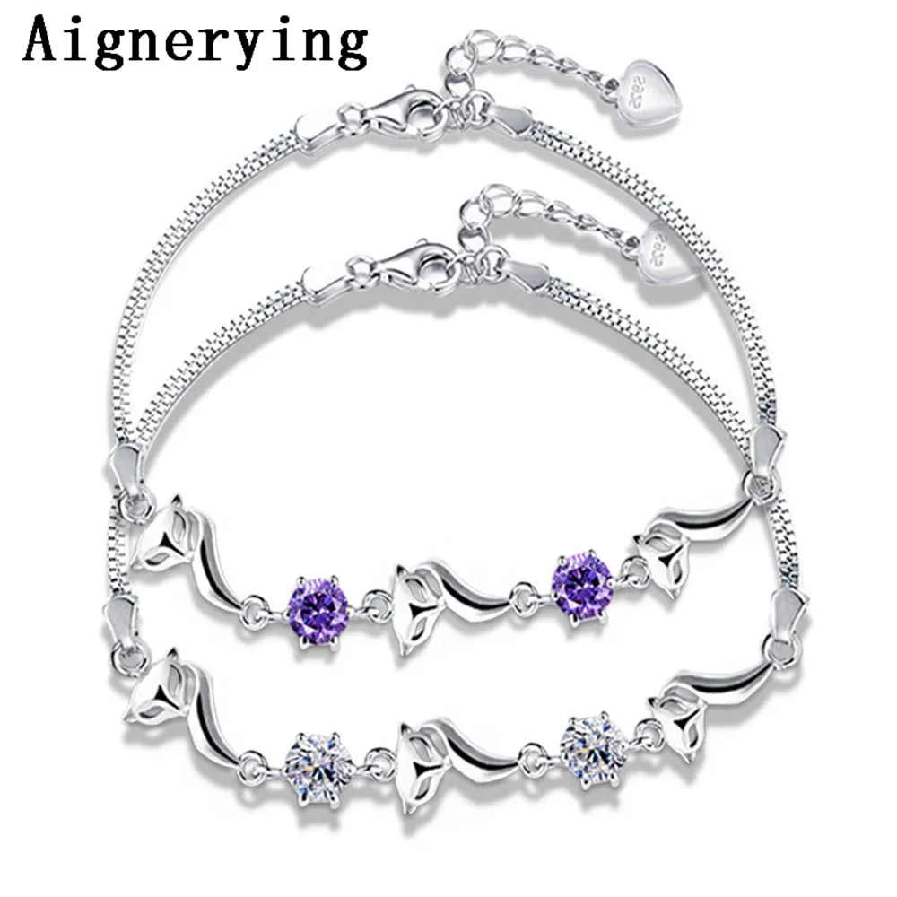 

925 Sterling Silver Chain Link rope inlayCrystal Bracelets Anklet Supply Bijou For Women Adjustable Bracelet DIY Gift