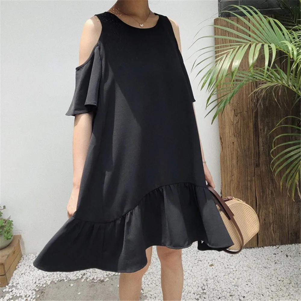 High quality Big Hem Black Summer Dress 2018 Hollow Out Shoulder Casual Dresses For Women Vacation Dress Vestidos All Match 1296 (1)