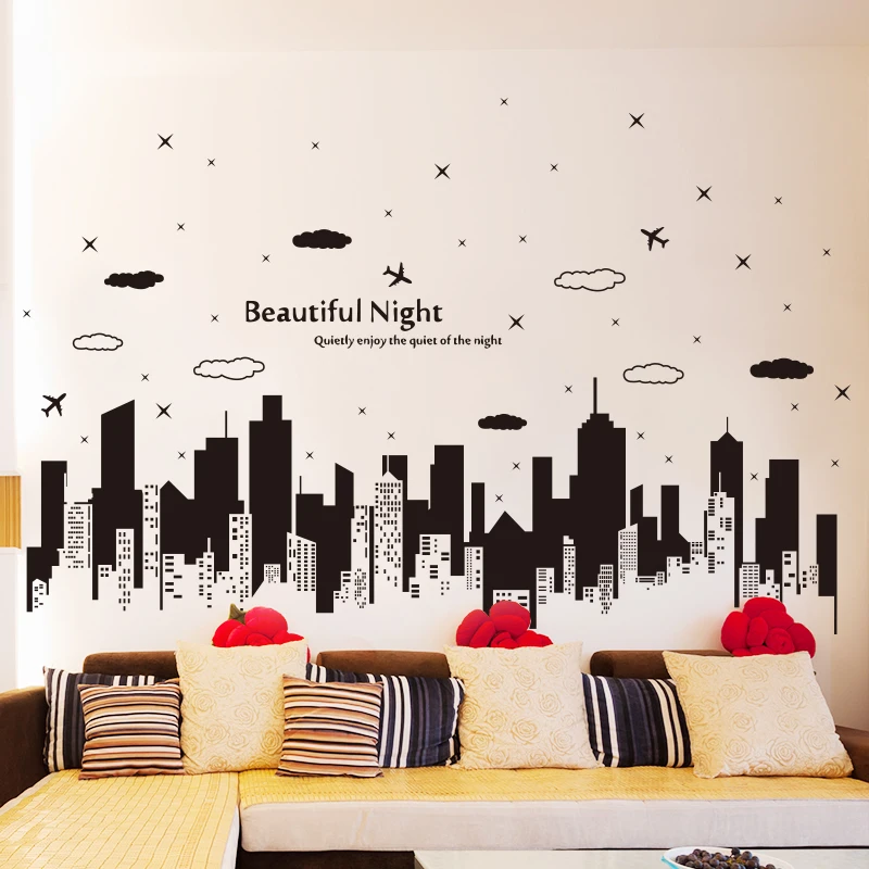 

[SHIJUEHEZI] Beautiful Night Buildings Skirting Line Sticker Vinyl DIY Wall Sticker for Living Room Sofa Background Decoration