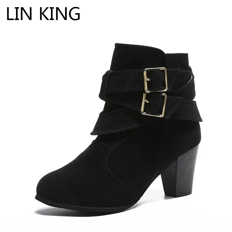 

LIN KING Vintage Motorcycle Boots Buckle Women Short Boots Botas Mujer Female Ankle Boots Square Heel Martin Boots Big Size 42