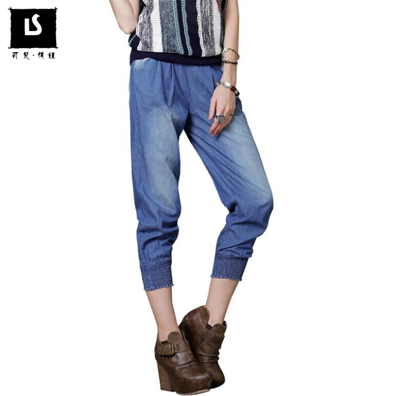 Women Vintage Embroidery Jeans Elastic Mid Waist Woman