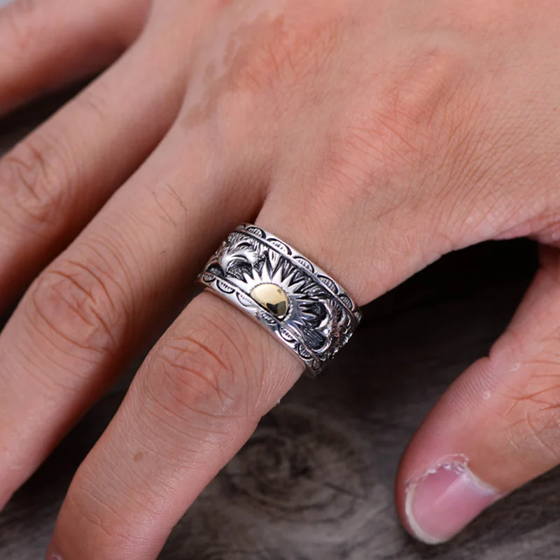 

Real 925 Sterling Silver Male Ring Indian Eagle Wings Sun Totem Vintagte Thai silver Ring Fine Jewelry Birthday Christmas Gifts