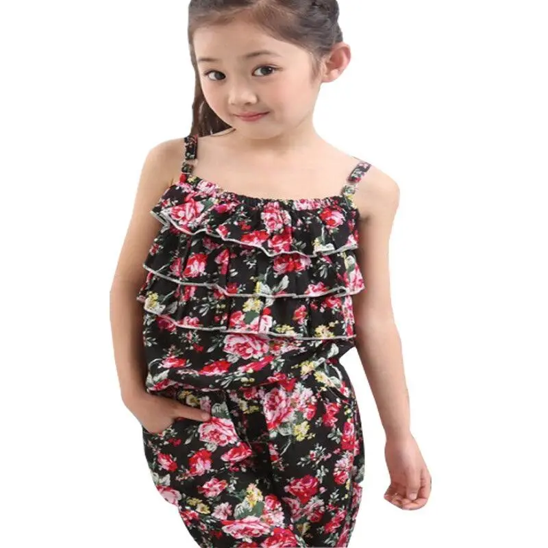 

NEW ARRIVAL Children Summer Clothing Sets Girl Spaghetti Strap Top Twinset Casual Pants  Bohemia Beach Set