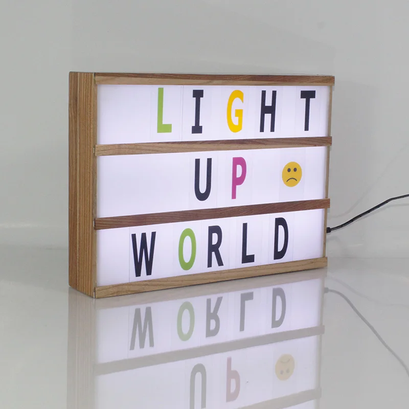 

Wooden LED Cinematic light box A4 size with 100 diy letter symblos emojis for Room Wedding Party Deco