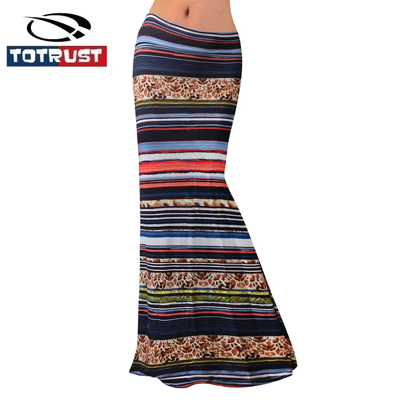 

TOTRUST High Waist Long Stripes Skirt For Women 2019 New Summer Retro Print Ladies Jupe Sexy Knit Club Step Hip Skirt Beach Saia