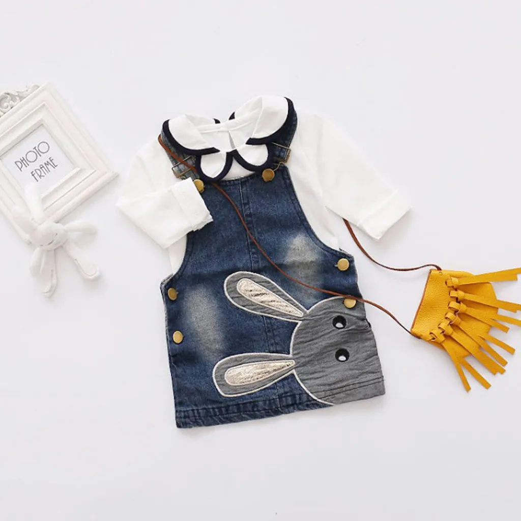 

Toddler Kid Baby Girl Cartoon Rabbit Tops +Denim Strap Dress Outfit Clothes Set