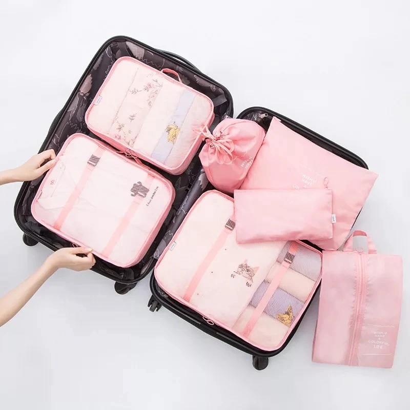 7 шт. дорожная сумка для хранения набор органайзер для гардероба чехол для чемодана большая емкость куб сумка для обуви классификация хранение прозрачное сумка - Цвет: Pink 7PCS