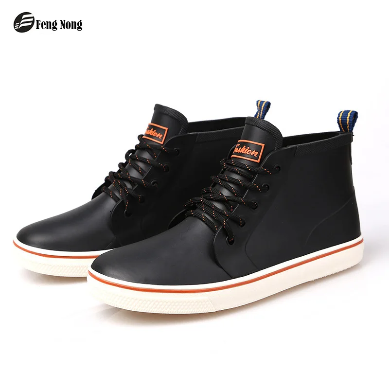 Acheter Feng Nong Classique Nouveaux Hommes Pluie Bottes En Caoutchouc Dentelle Up Hommes Cheville Bottes Étanche Casual Confort Gentlmen Matures Bottes Chaussures m013