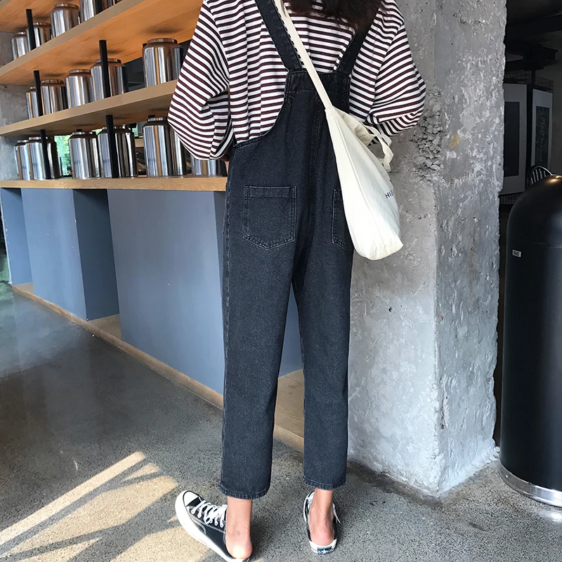 Женские черные комбинезоны джинсовые женские свободные Комбинезоны с карманами Повседневный женский корейский стиль студенческий Модный женский комбинезон