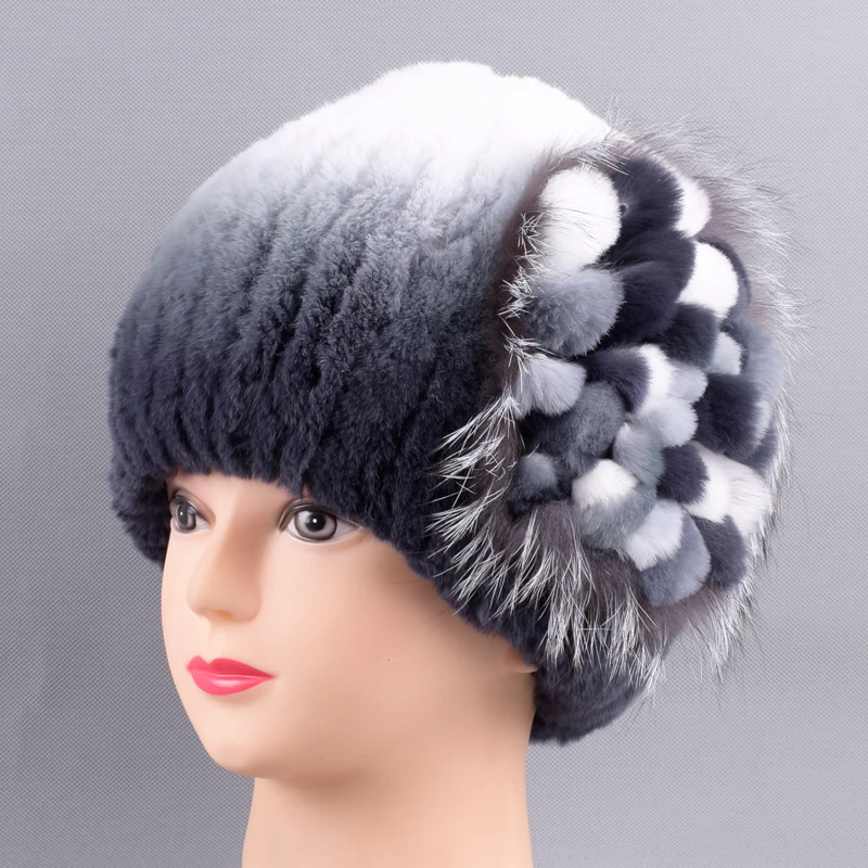 

Raglaido Rex Rabbit Fur Hats for Women's Beanies Real fur Winter Hats Cap with fox fur luxury Floral Russian Hat LQ11217