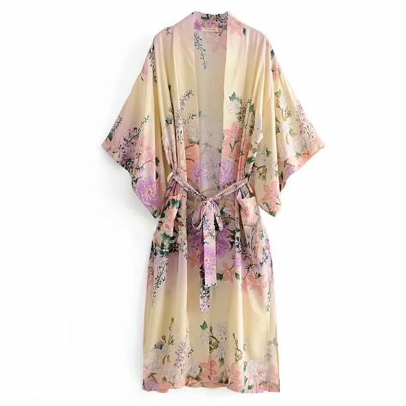 2022 Women Bohemian V neck Bright Flower Print Long Kimono Shirt Ethnic Lacing up Sashes Long Cardigan Loose Blouse Tops