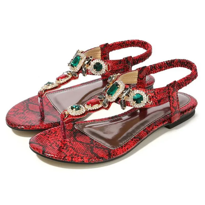 

Women Crystal Boho Snake Print Sandals Roman Clip Toe Sandals Rhinestone Flip Flops Gladiator Sandalias Women Beach Shoes