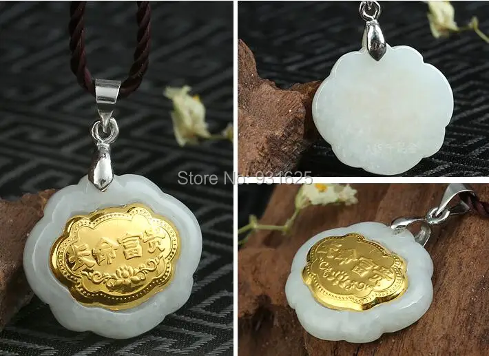 

Real Natural Jadeite 100% Pure 18 K Gold Inlaid Lucky Pendant Hand Carved Longlive Lock Style Lucky Blessing Pendants Necklace