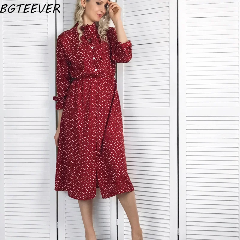 Kopen BGTEEVER Elegante Stand Kraag Polka Dot Vrouwen Jurk Flare Mouw Side Split Vrouwelijke Jurk 2019 Herfst Vrouwen Midi Vestidos