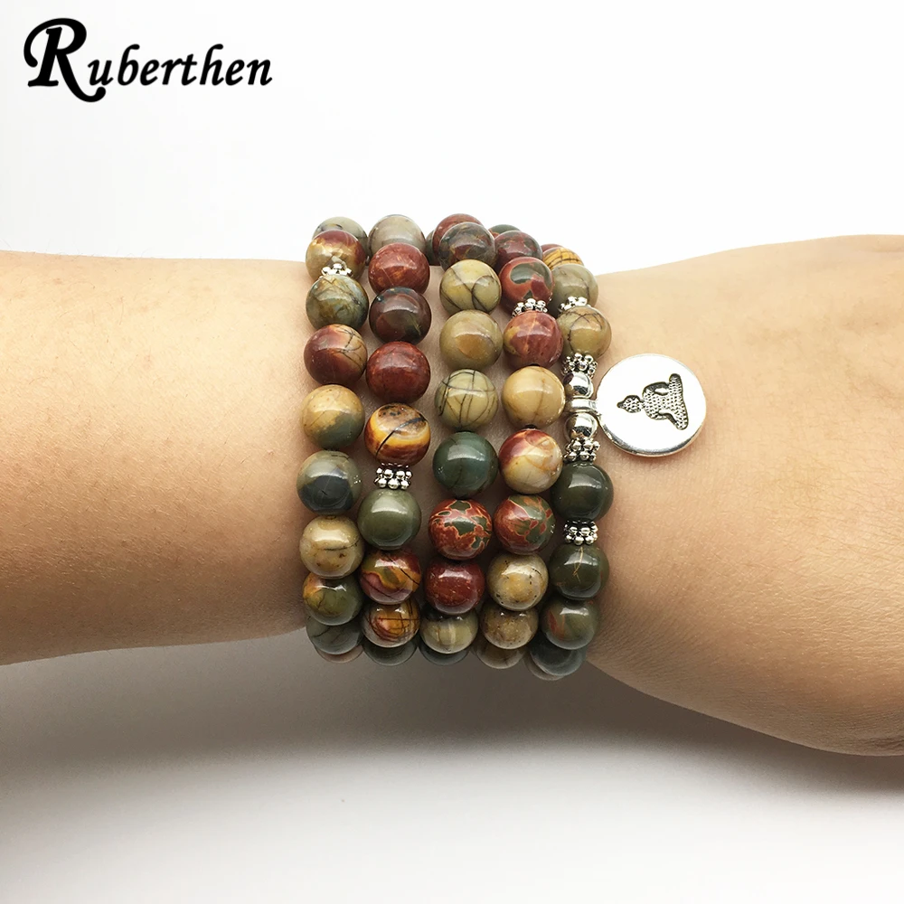 Ruberthen ручной работы 108 Мала Будда Для женщин Jewelry баланс Lotus Йога браслет Природные Пикассо Ясперс Браслеты для Для женщин