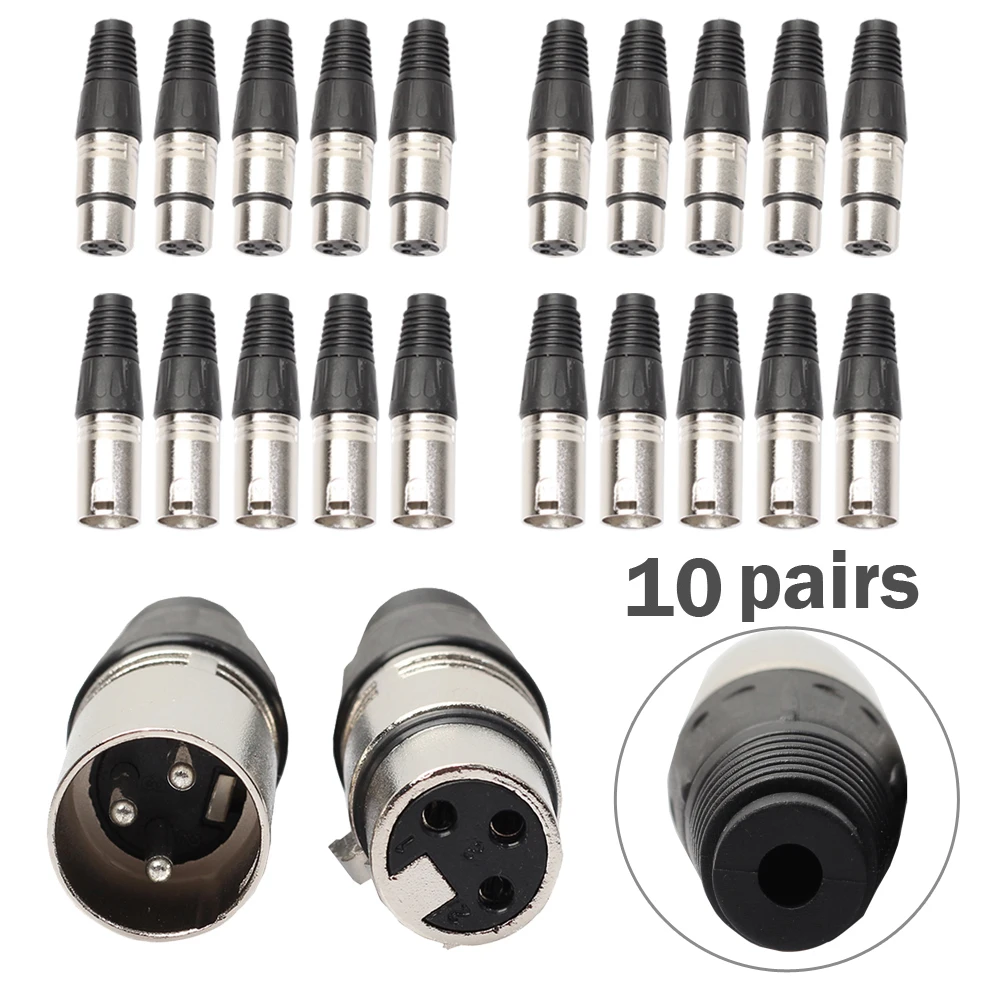 10Pair XLR 3Pin Microphone Cable Connector Female/Male MIC Jack Plug