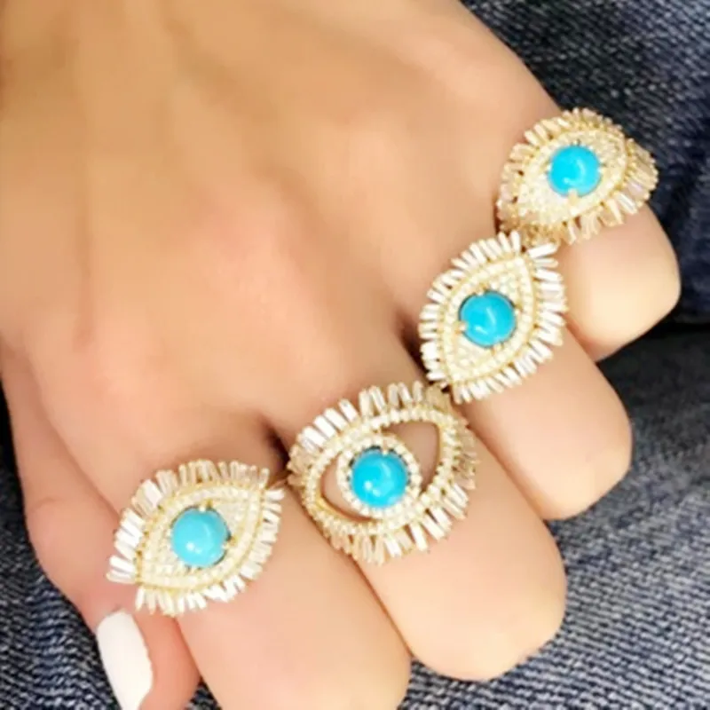 

Fashion Luxury Turkish Evil Eye Ring Gold Color Baguett Big cz Blue Turquoises Women Finger Rings Friend Gift Boho Jewelry