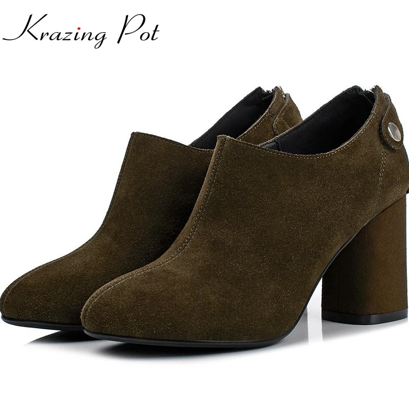 

Krazing Pot new fashion Spring Autumn cow suede zipper round toe concise style office lady thick high heels women cozy pumps L64