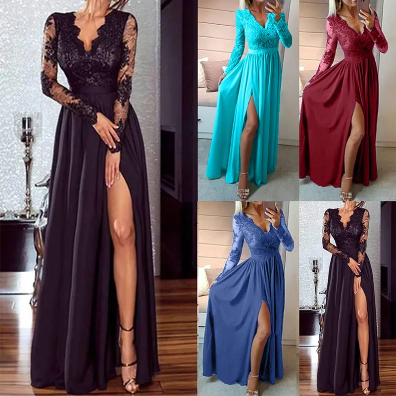

Women Ladies Long Dress Summer Deep V-Neck Lace Long Sleeve Party Ball Prom Elegant Dress Sexy Ladies Dresses vestidos 2019