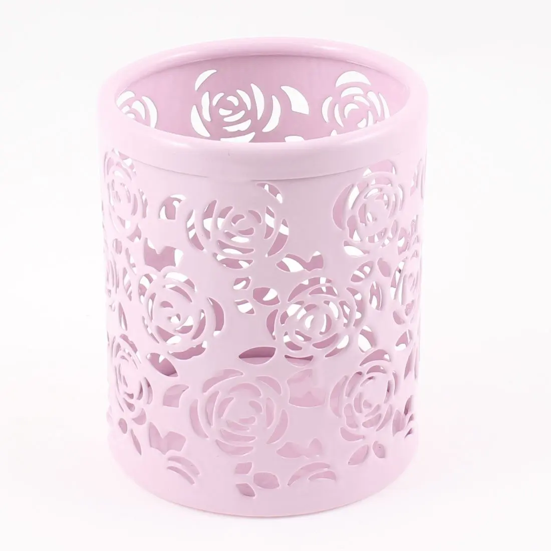 

Light Pink Hollow Rose Flower Pattern Metal Pen Pencil Pot Holder Organizer