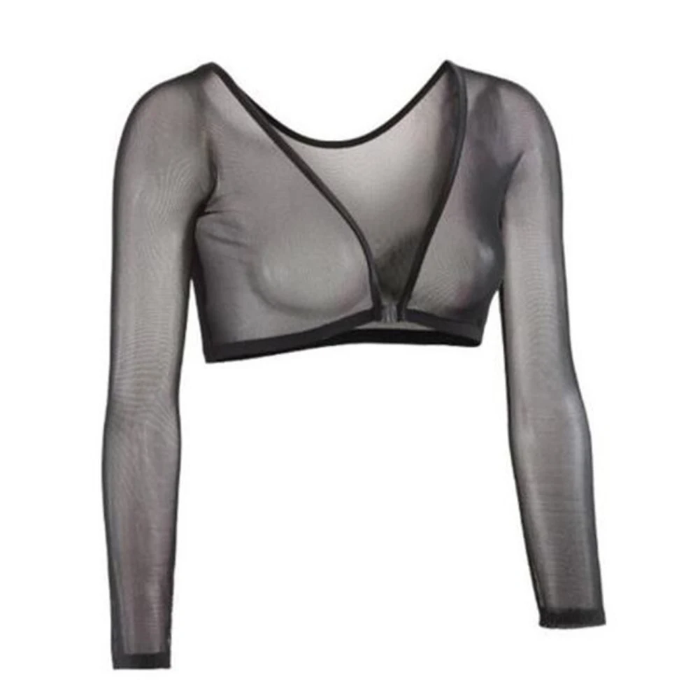 

Exposed Navel Solid Women Crop Top Fashion Perspective Seamless Mesh Plus Size Long Sleeve Short Bottoming Spring Shapewear