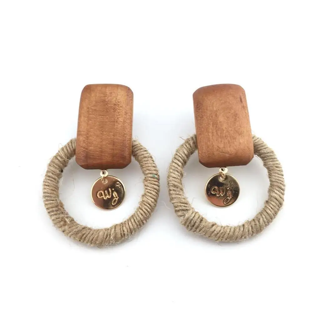 Fashion Multiple Korea Rattan Vine Braid Drop Earrings For Women Geometric Circle Square Handmade Wooden Straw Weave Earrings - Окраска металла: 5-