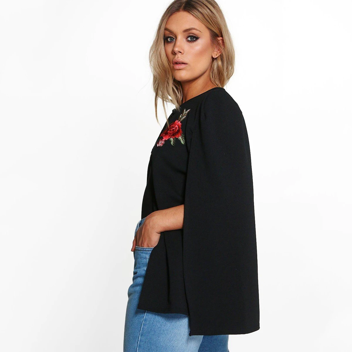 

HDY Haoduoyi Women Large Plus Size 2019 New Floral Embroidery Open Stitch Solid Long Sleeve Basic Casual Office Lady Cloak Coat