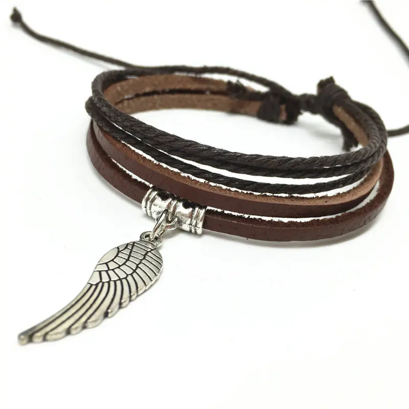 

New Hemp Rope Vintage Angle Wing Infinity Anchor Hamsa Cross Charm Genuine Leather Bracelets for Women Femme Homme Men Jewelry