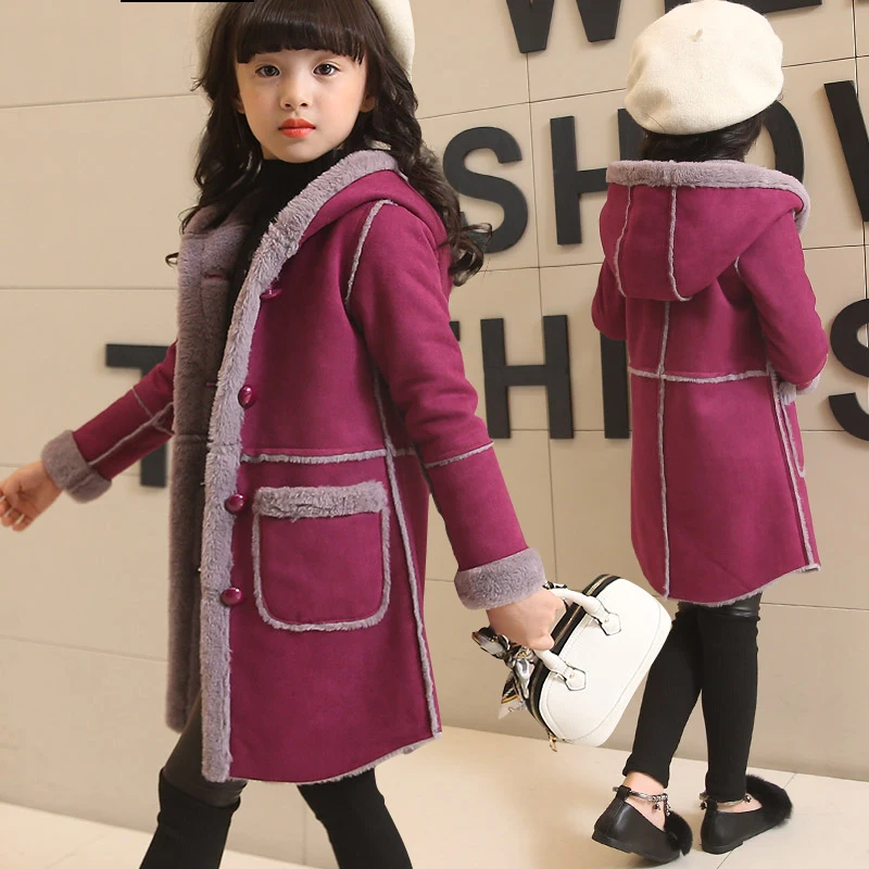 Высокое качество 2018 зимние для девочек замшевое пальто Дети плюс бархат утолщение пальто с капюшоном; детская стеганая куртка